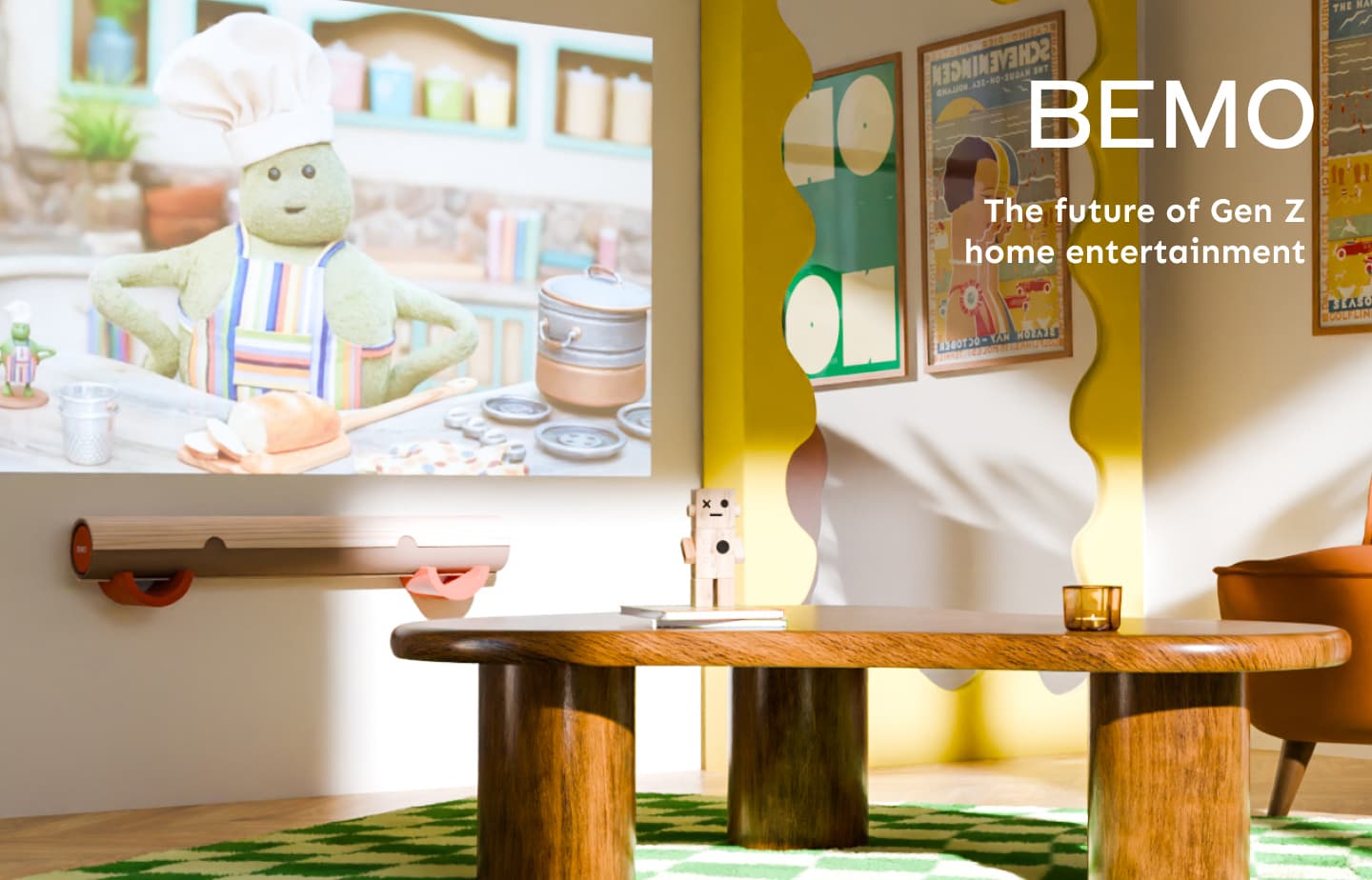 Image of a trendy apartment with BEMO projecting a movie on the wall. Slogan reading “The future of Gen Z home entertainment
